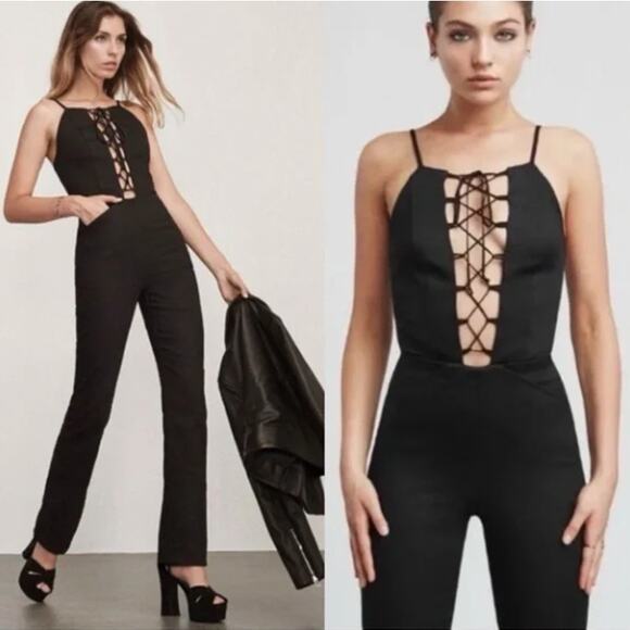 REFORMATION Sophie Jumpsuit Lace Up Neck Tie Up Strappy Black Sz 2 {S11} - Picture 1 of 8